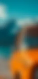 Orange van on a vibrant coastal scene with blue sea.