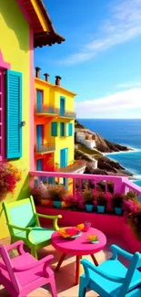 Colorful balcony with ocean view and bright furniture, perfect for summer vibes.