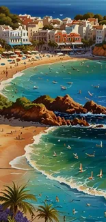 Animated coastal city with beach and sea in vibrant colors.