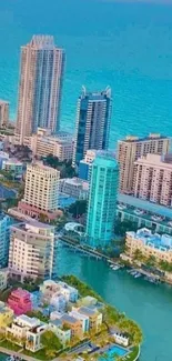 Vibrant cityscape with skyscrapers and ocean view in a colorful display.