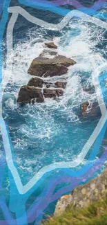 Vibrant coastal cliff view with blue waves and rocks.