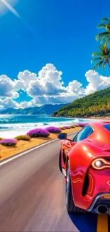 Red sports car on a scenic coastal drive with ocean and palm trees.