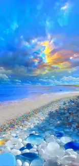 Vibrant coastal fantasy with blue skies and shimmering pebbles.