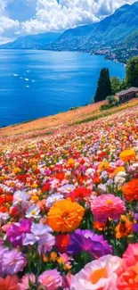 A vibrant field of flowers beside a beautiful blue sea.