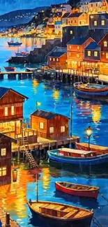 Colorful coastal town at night with boats.