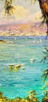 Vibrant coastal painting with boats on turquoise waters.