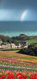 Colorful coastal scene with rainbow over floral fields and ocean.