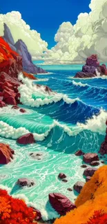 Vibrant coastal seascape with waves and autumn foliage.
