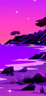 Artistic mobile wallpaper of a vibrant purple coastal sunset.