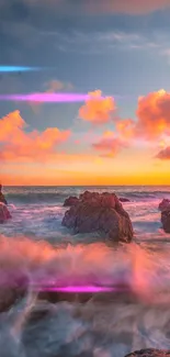 Vibrant sunset over coastal rocks with orange clouds and ocean waves.