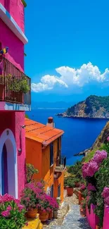 Coastal village with colorful houses overlooking the sea.