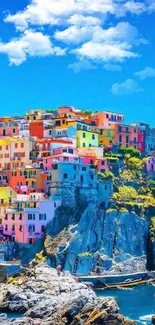 Vibrant Italian coastal village with colorful houses by the blue sea.