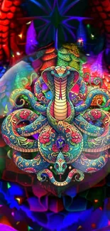 Colorful cobra mandala with psychedelic art design.