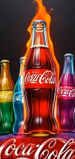 Vibrant Coca-Cola bottle art with fiery backdrop.