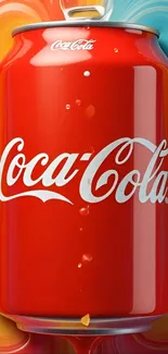 Red Coca-Cola can with colorful background art.