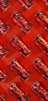 Coca-Cola cans pattern on red background.