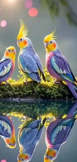 Vibrant cockatiels reflected on water with a mossy background.