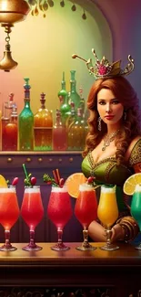 Fantasy art with a woman at a colorful cocktail bar.