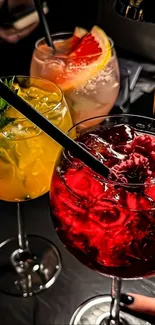 Red cocktail with garnish, vibrant drink display.