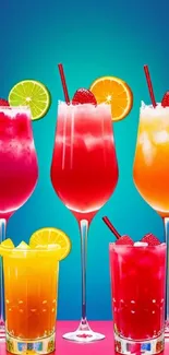 Vibrant wallpaper of cocktails with citrus garnishes on a blue and pink background.