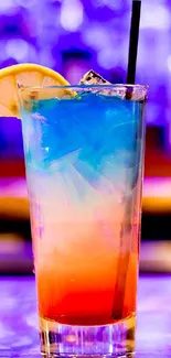 Colorful cocktail with lemon on vibrant bar.