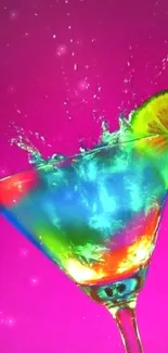 A vibrant cocktail splash with a lime slice in a colorful drink.