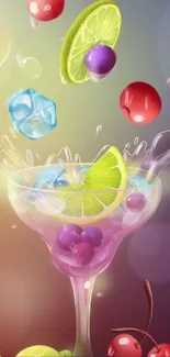 A vibrant cocktail splash with lime, cherries, and ice in dazzling colors.