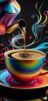 Vibrant coffee art with colorful swirls in a cup.