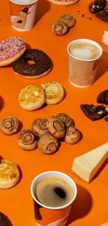 Orange background with coffee and pastries.