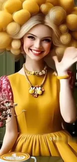 Smiling woman with unique hair in a vibrant cafe setting.