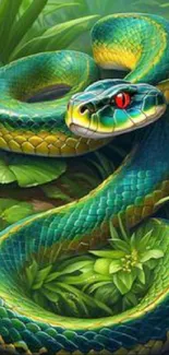 Coiled vibrant snake on green leafy background.