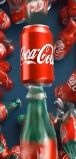 Vibrant display of Coca-Cola cans and bottles on a mobile wallpaper.