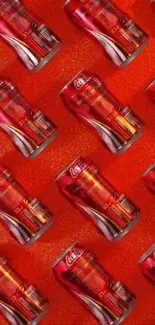 Vibrant red wallpaper with cola cans in a repeating pattern.