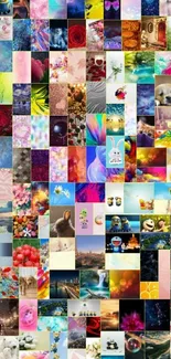 Vibrant and colorful phone collage wallpaper with nature, animals, and abstract designs.