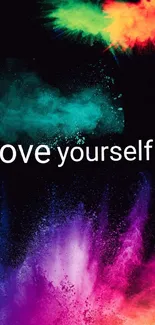 Love yourself quote on vibrant color explosion background.