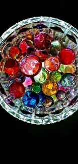 Vibrant arrangement of colorful glass orbs on a dark background.