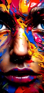 Colorful abstract face with vibrant paint splash art.