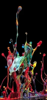 Vibrant splash of colorful paints on black background for mobile wallpaper.