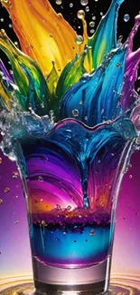 Vibrant splash of colors in a glass on a dark background.