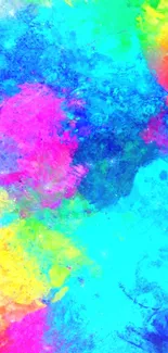 Vibrant abstract splash wallpaper with blue, pink, and yellow hues.