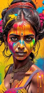 Vibrant portrait with colorful paint splashes on a mobile wallpaper.