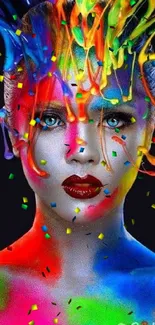 Vibrant portrait with colorful paint splashes on a dark background.