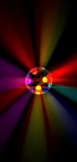 Colorful disco ball with vibrant beams on black background.