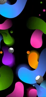 Colorful abstract wallpaper with spheres and swirling shapes on black background.