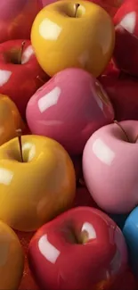 Vibrant wallpaper of colorful, shiny apples in various bright hues.