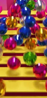 Colorful balls cascading down a bright yellow path.