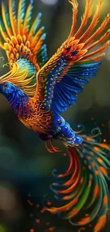 Colorful bird in flight with vibrant feathers on a mobile wallpaper.