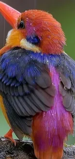 Vibrant colorful bird with vivid plumage standing on a branch in nature.