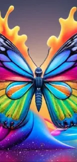 A vibrant, colorful butterfly art wallpaper with bold blues and oranges.