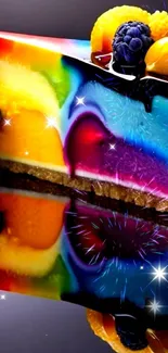 Vibrant rainbow cake slice with fruit and chocolate.